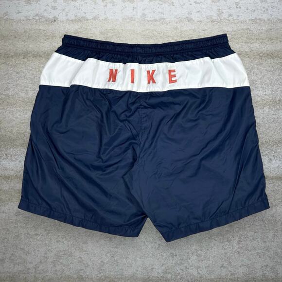 Vintage 90s Nike Swim Shorts Mens 2XL Navy Blue Nylon White Orange Spellout
